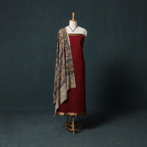 Mangalagiri Handwoven 2pc Cotton Unstitched Dress Material Kurta Set with Jewellery 06