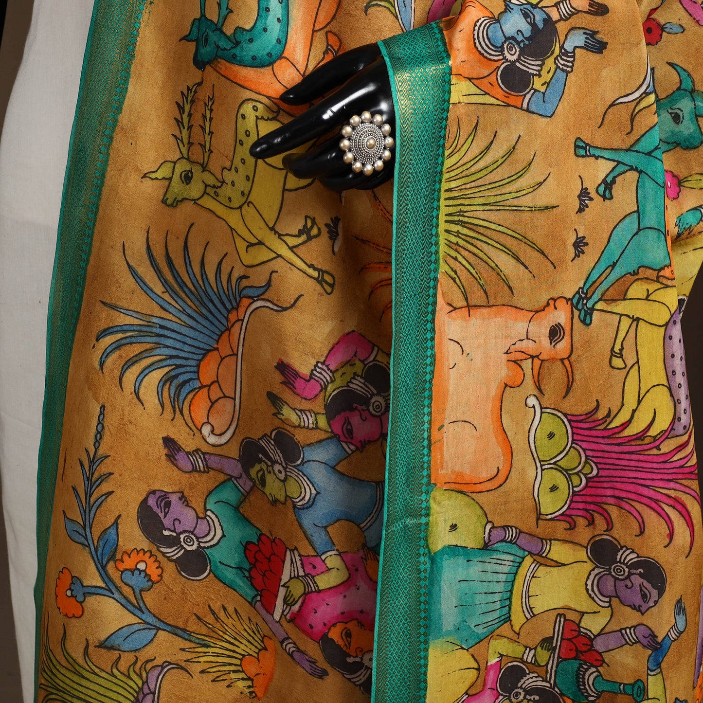 Srikalahasti Pen Work Kalamkari Bangalore Silk Figure Handpainted Dupatta 66