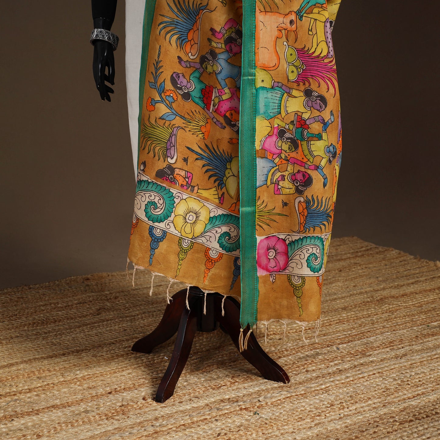 Srikalahasti Pen Work Kalamkari Bangalore Silk Figure Handpainted Dupatta 66