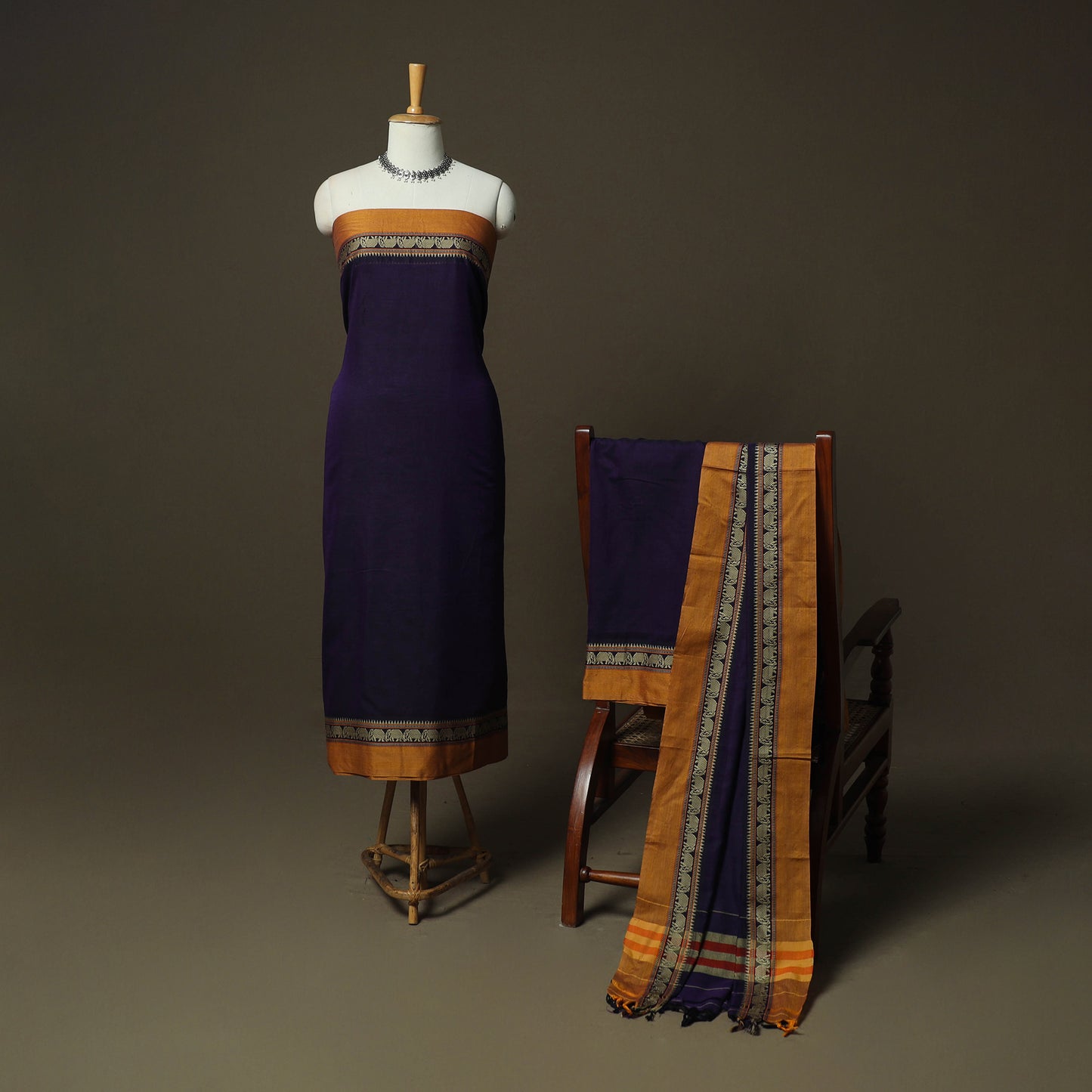 Orange - Purple - Dharwad Woven Mercerised Cotton 3pc Unstitched Dress Material Suit Set 81
