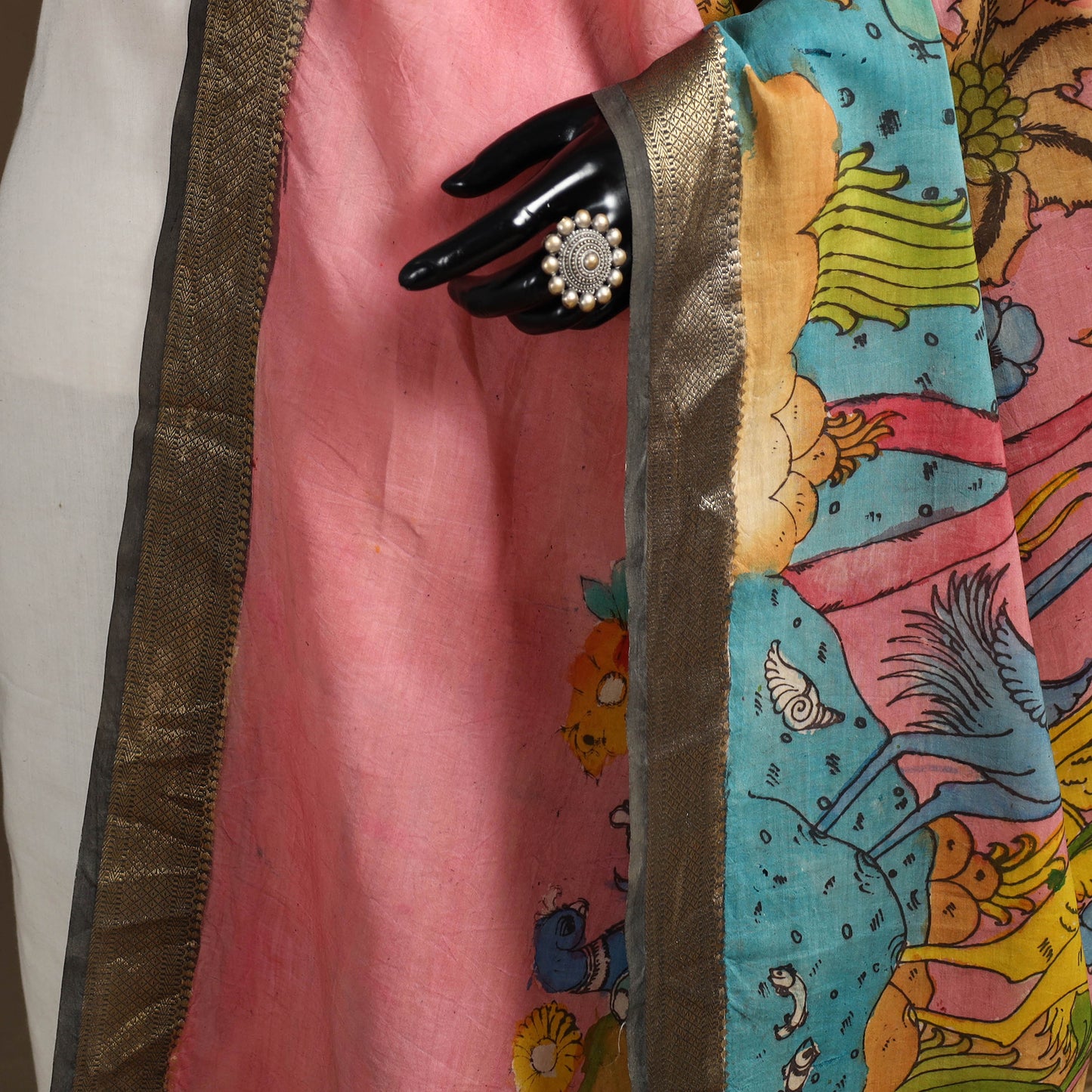 Srikalahasti Pen Work Kalamkari Bangalore Silk Figure Handpainted Dupatta 67
