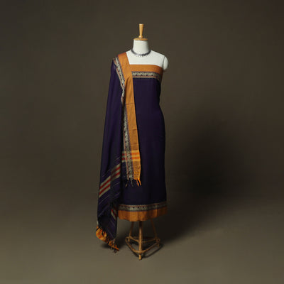 Orange - Purple - Dharwad Woven Mercerised Cotton 3pc Unstitched Dress Material Suit Set 81