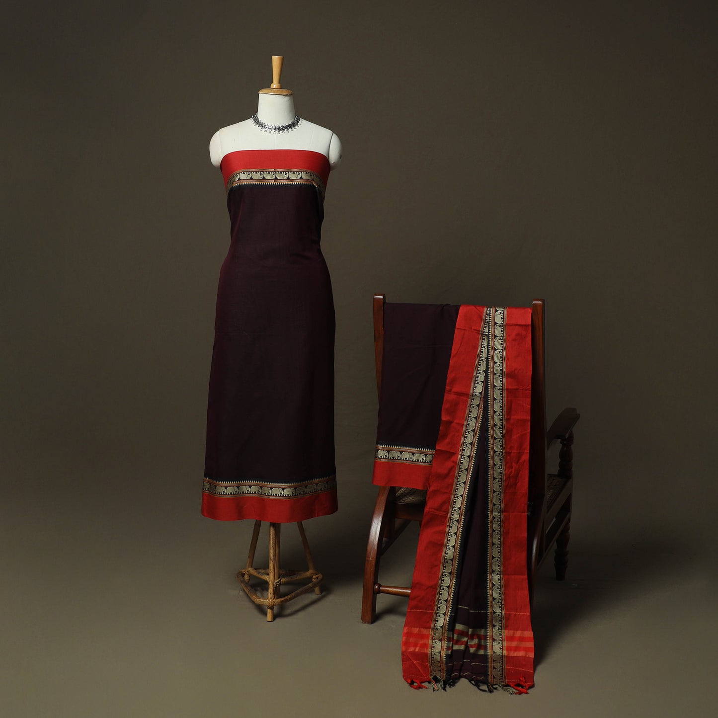 Maroon - Dharwad Woven Mercerised Cotton 3pc Unstitched Dress Material Suit Set 82