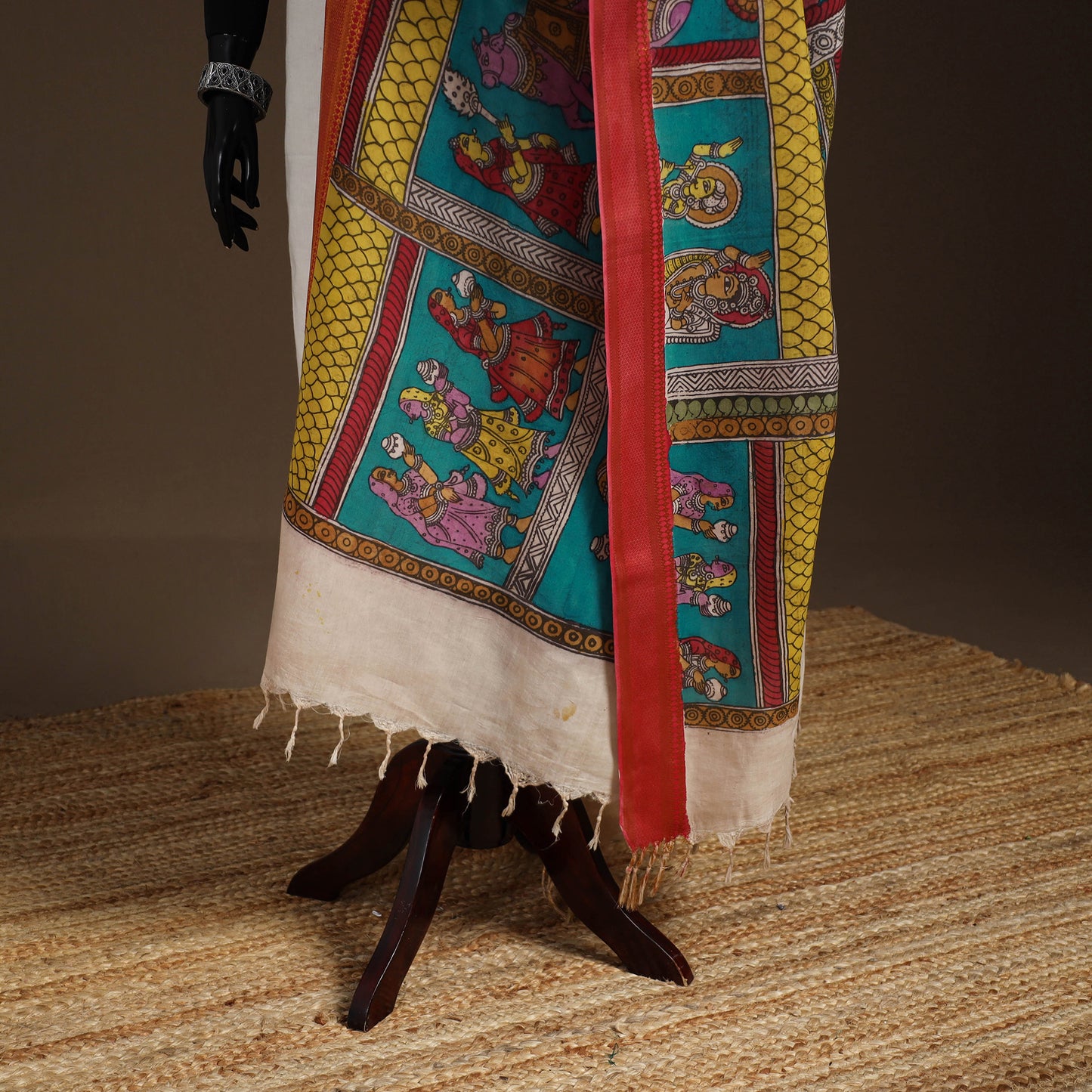 Srikalahasti Pen Work Kalamkari Bangalore Silk Figure Handpainted Dupatta 68
