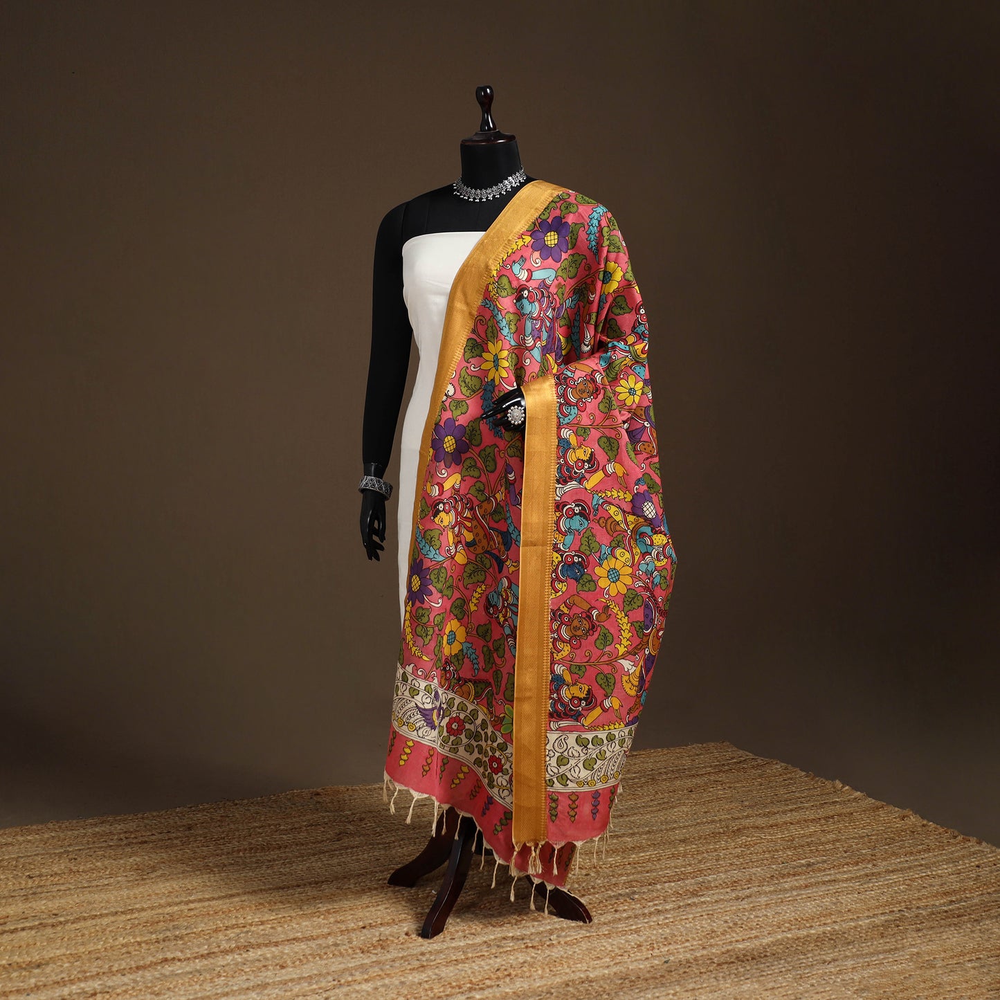 Srikalahasti Pen Work Kalamkari Bangalore Silk Figure Handpainted Dupatta 69