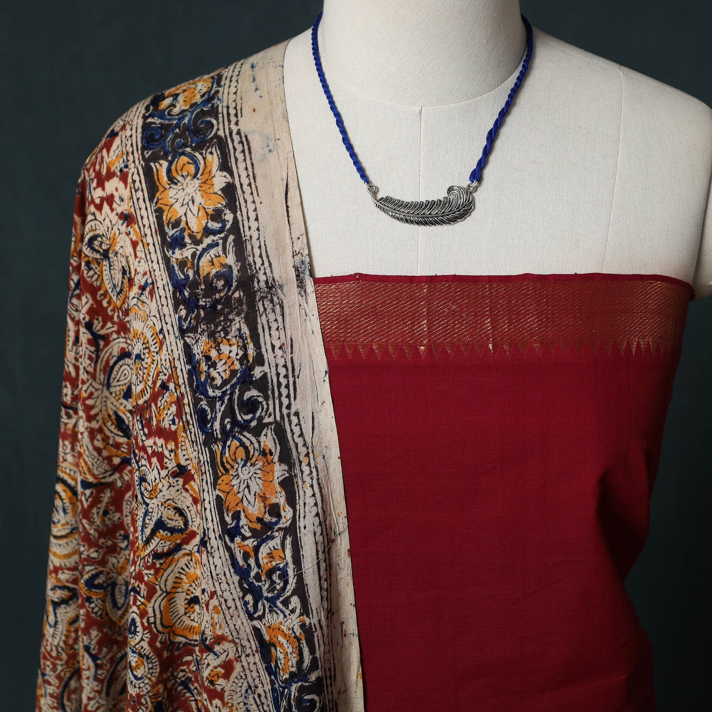 Mangalagiri Handwoven 2pc Cotton Unstitched Dress Material Kurta Set with Jewellery 09