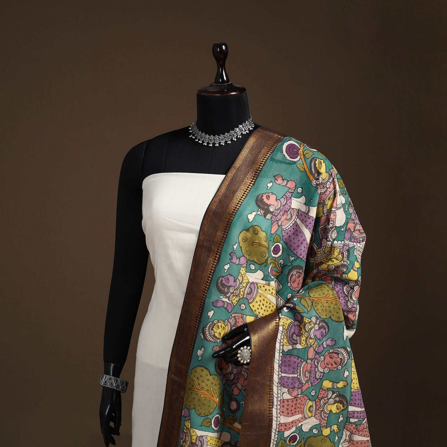 Srikalahasti Pen Work Kalamkari Bangalore Silk Figure Handpainted Dupatta 70