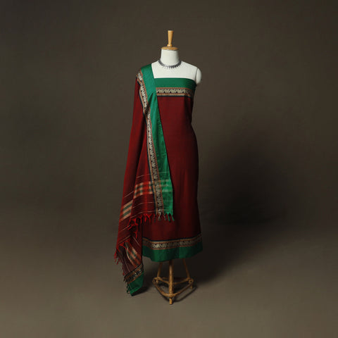 Maroon - Dharwad Woven Mercerised Cotton 3pc Unstitched Dress Material Suit Set 83