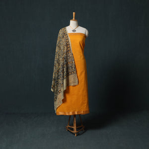 Yellow - Mangalagiri Handwoven 2pc Cotton Unstitched Dress Material Kurta Set with Jewellery 10