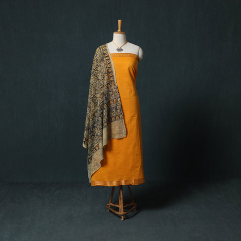 Yellow - Mangalagiri Handwoven 2pc Cotton Unstitched Dress Material Kurta Set with Jewellery 10