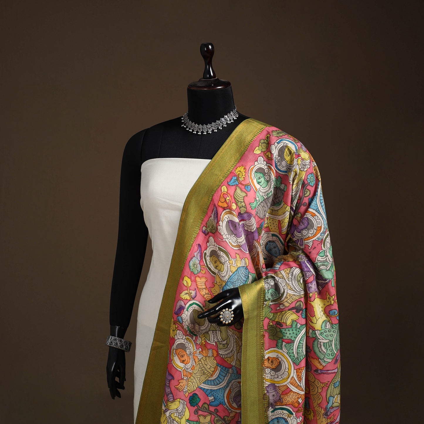 Srikalahasti Pen Work Kalamkari Bangalore Silk Figure Handpainted Dupatta 72