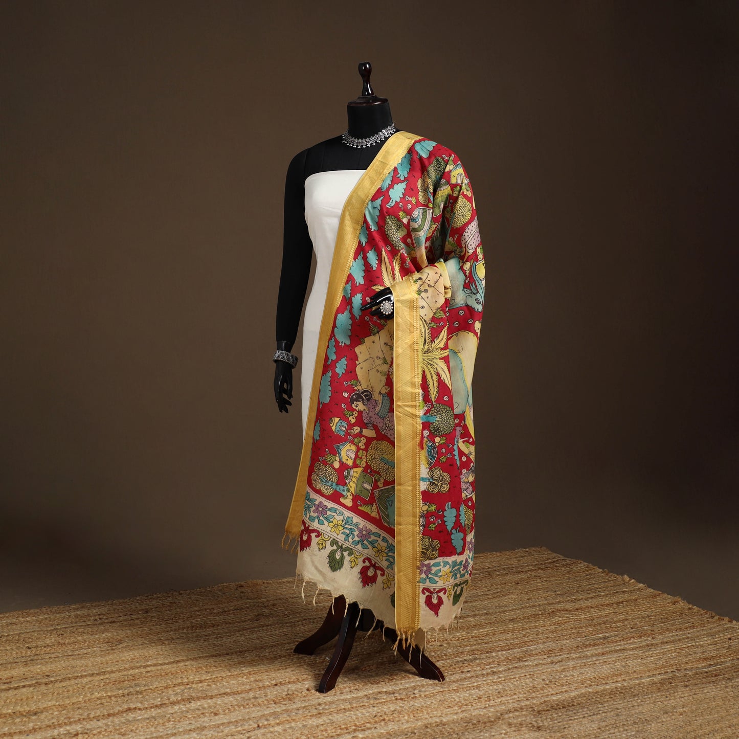 Srikalahasti Pen Work Kalamkari Bangalore Silk Figure Handpainted Dupatta 73