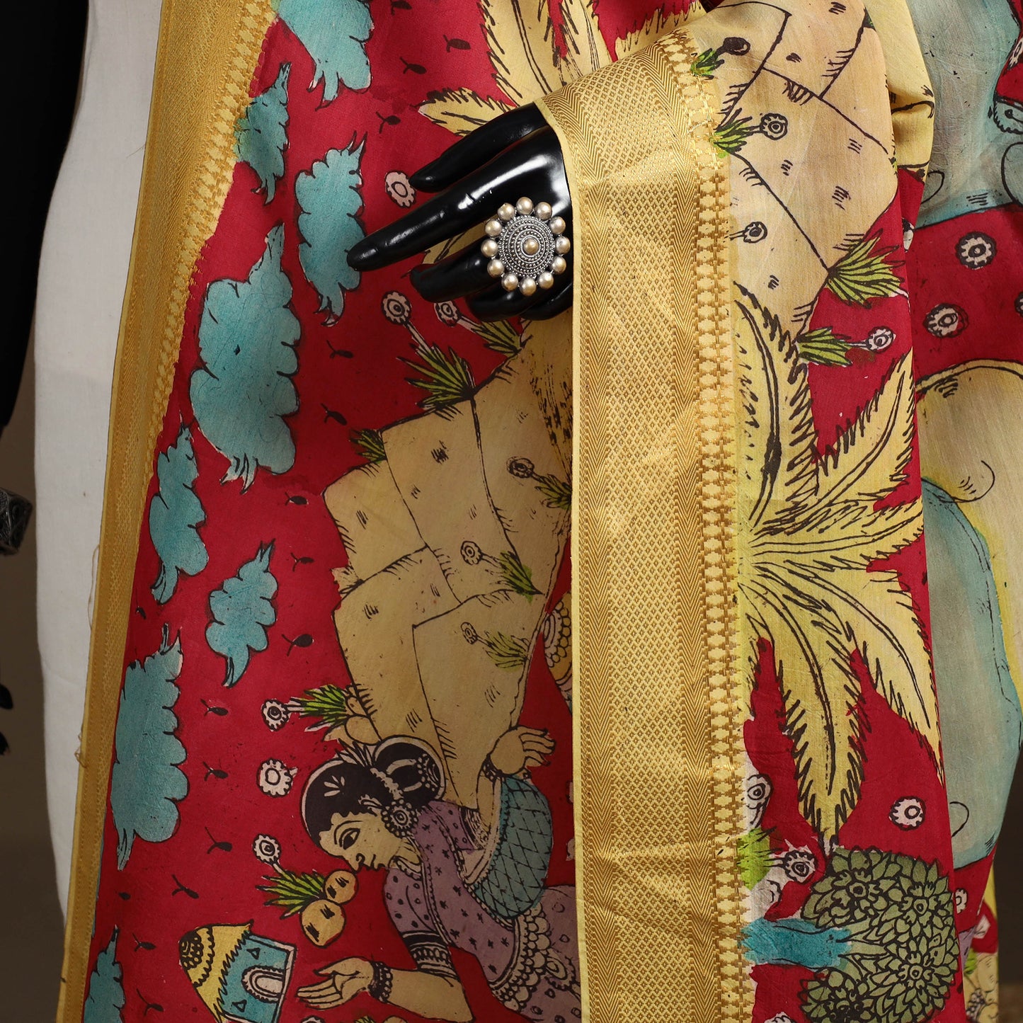 Srikalahasti Pen Work Kalamkari Bangalore Silk Figure Handpainted Dupatta 73