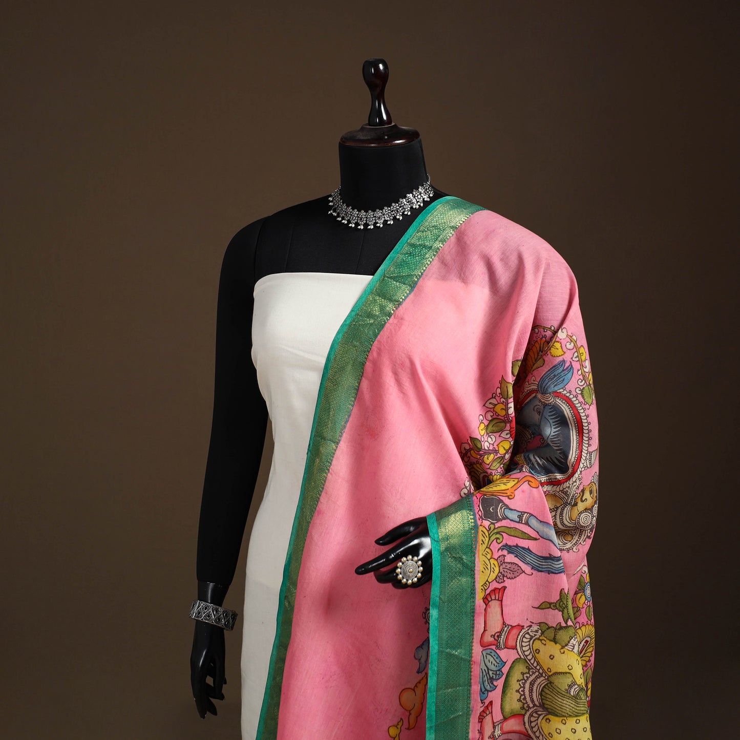 Srikalahasti Pen Work Kalamkari Bangalore Silk Figure Handpainted Dupatta 74