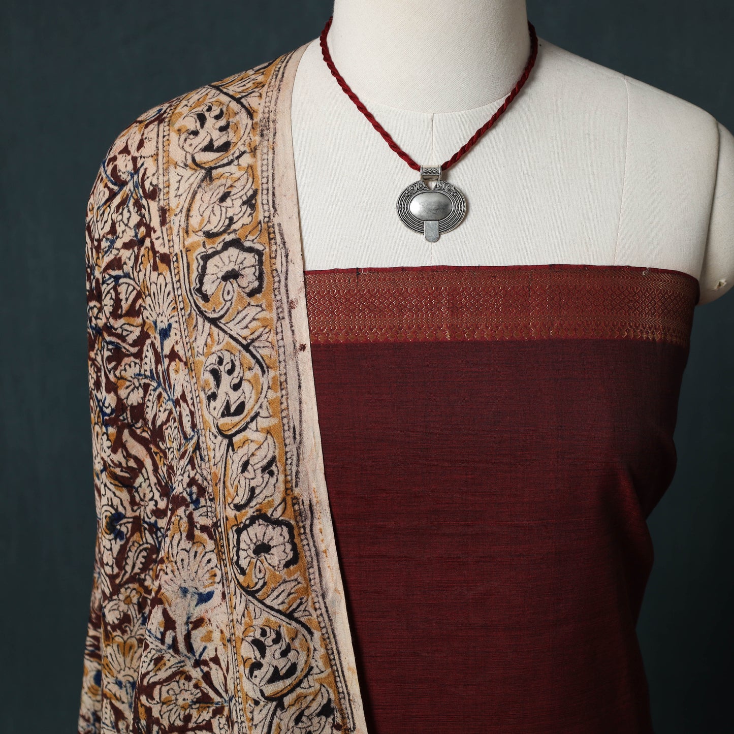 Mangalagiri Handwoven 2pc Cotton Unstitched Dress Material Kurta Set with Jewellery 12