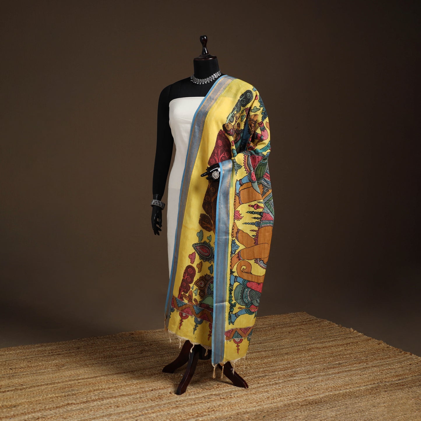 Srikalahasti Pen Work Kalamkari Bangalore Silk Figure Handpainted Dupatta 75