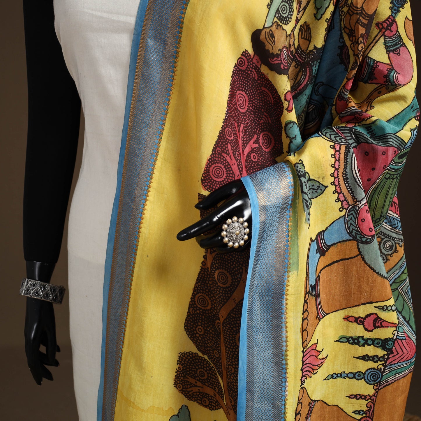 Srikalahasti Pen Work Kalamkari Bangalore Silk Figure Handpainted Dupatta 75