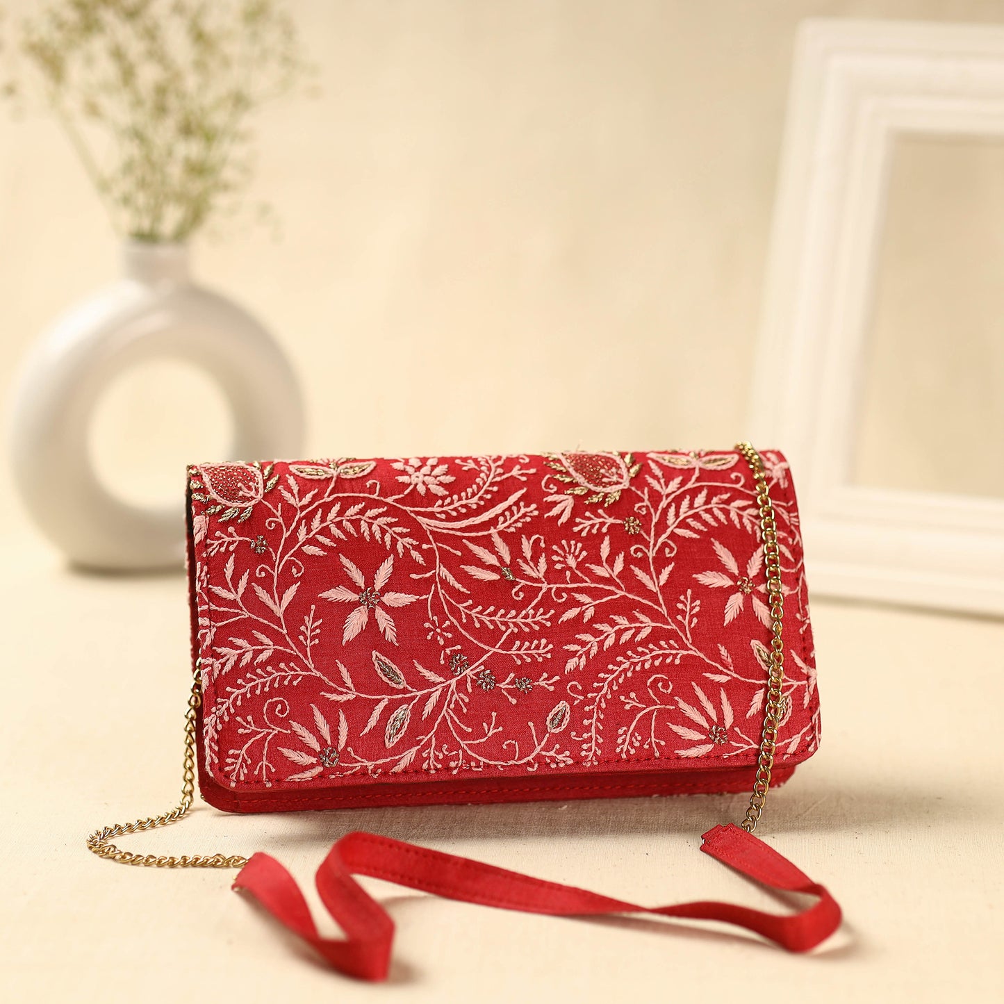 Red Chikankari Hand Embroidery Tussar Silk Clutch/Sling Bag