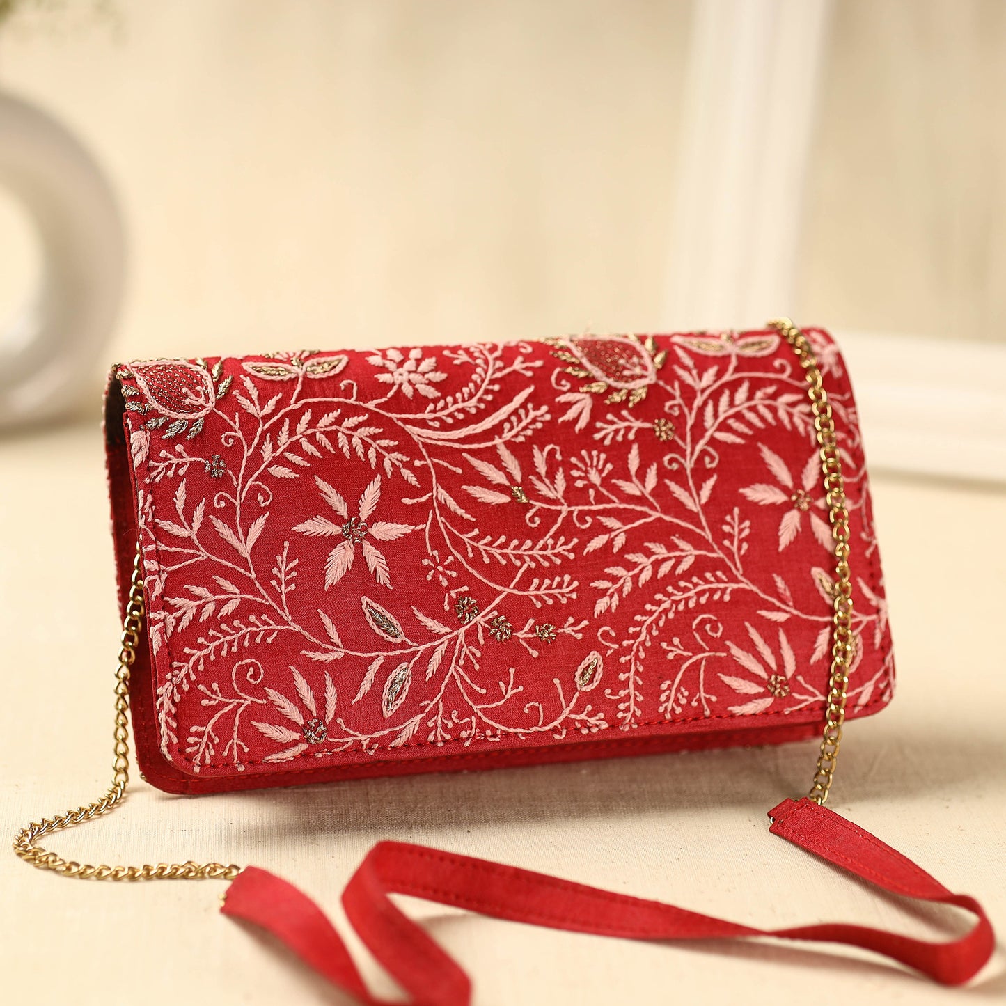 Red Chikankari Hand Embroidery Tussar Silk Clutch/Sling Bag