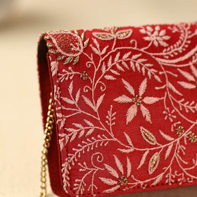 Red Chikankari Hand Embroidery Tussar Silk Clutch/Sling Bag