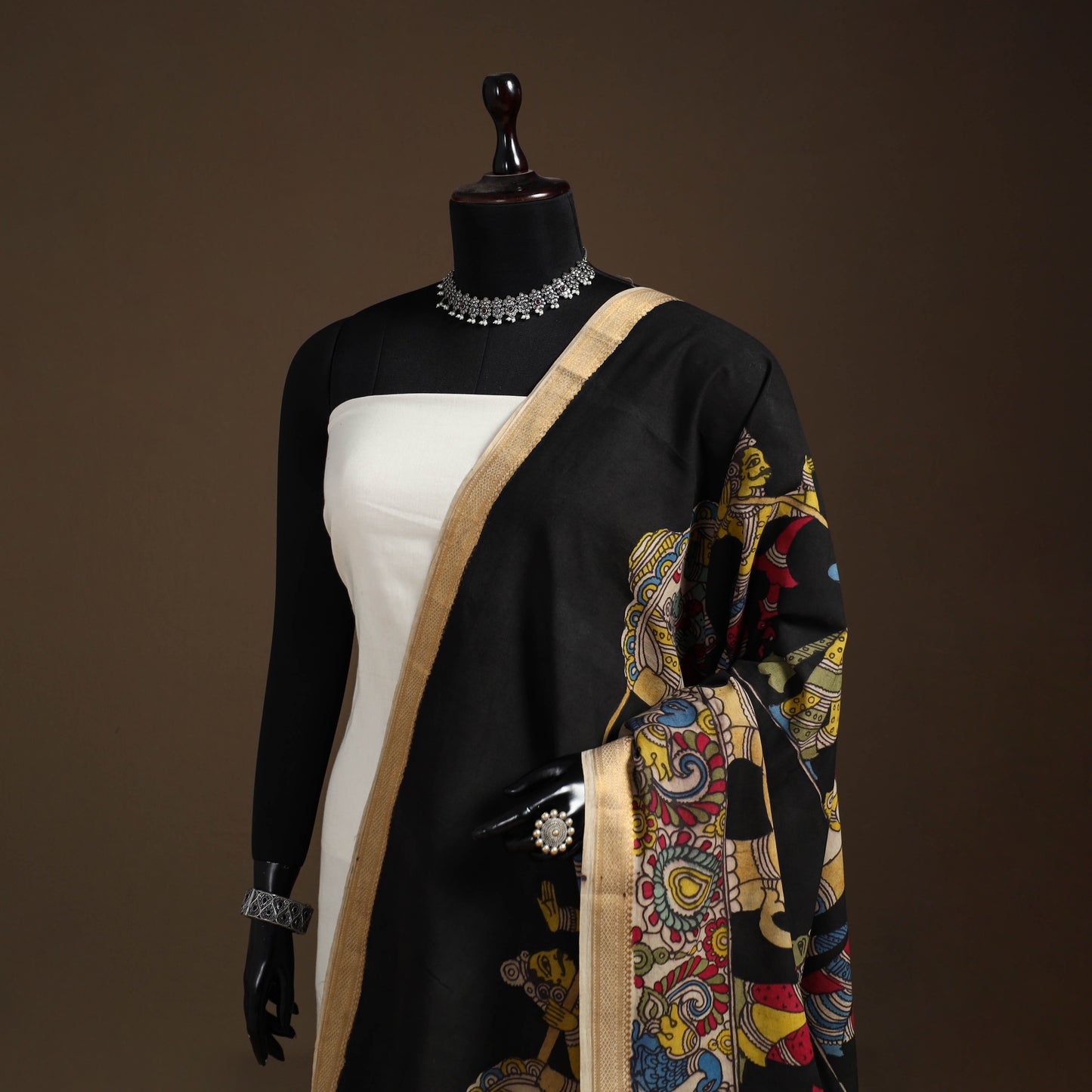 Srikalahasti Pen Work Kalamkari Bangalore Silk Figure Handpainted Dupatta 77