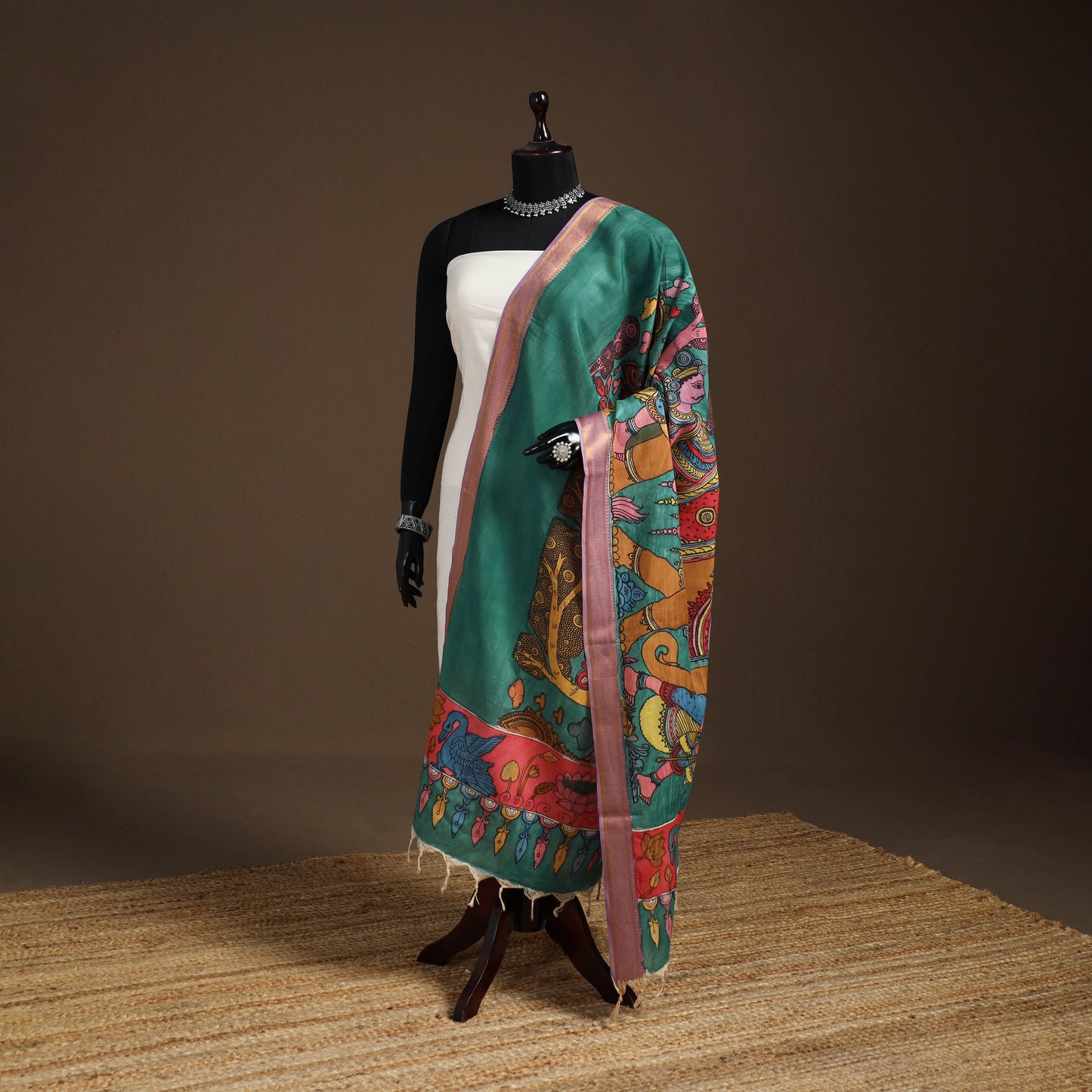 Srikalahasti Pen Work Kalamkari Bangalore Silk Figure Handpainted Dupatta 78