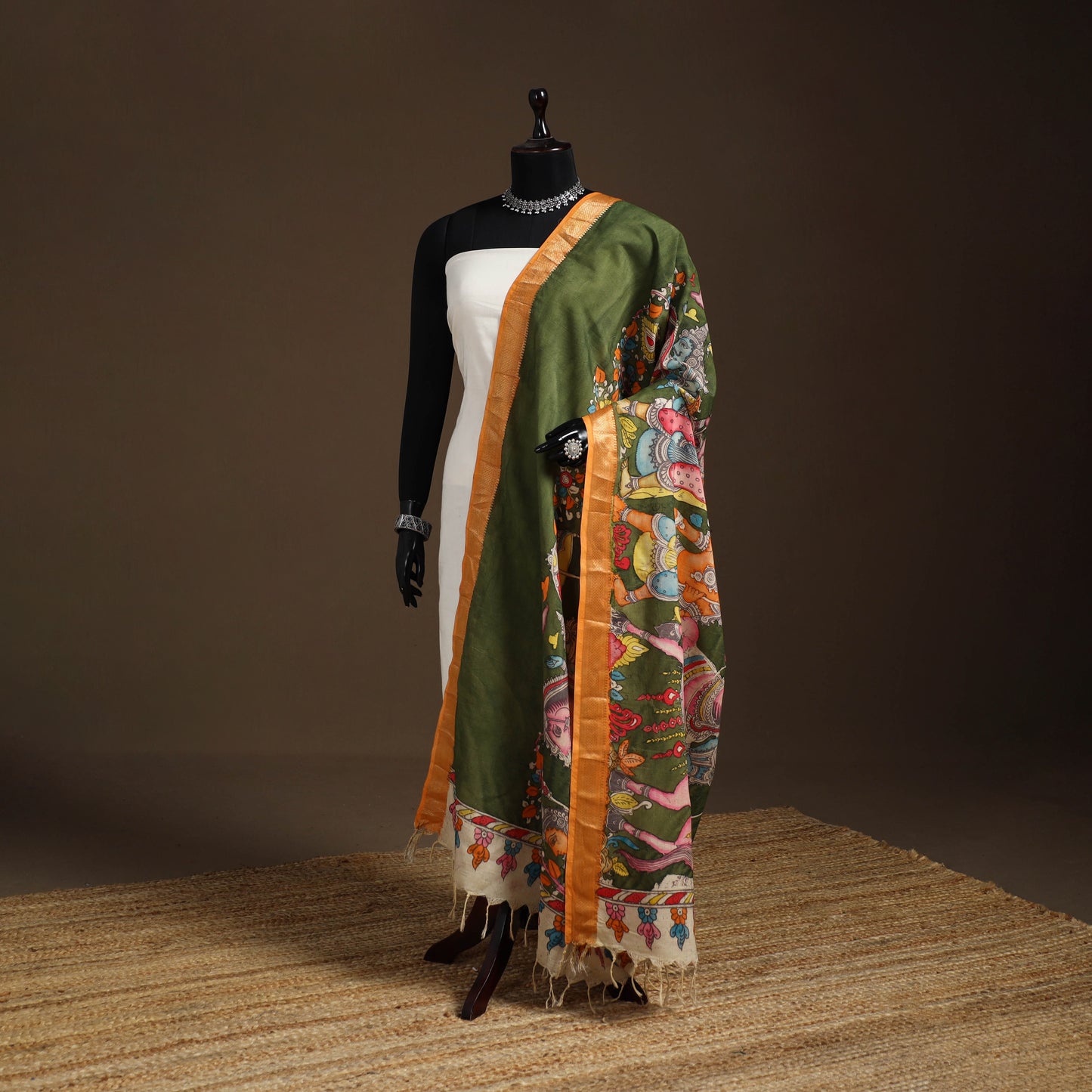 Srikalahasti Pen Work Kalamkari Bangalore Silk Figure Handpainted Dupatta 79