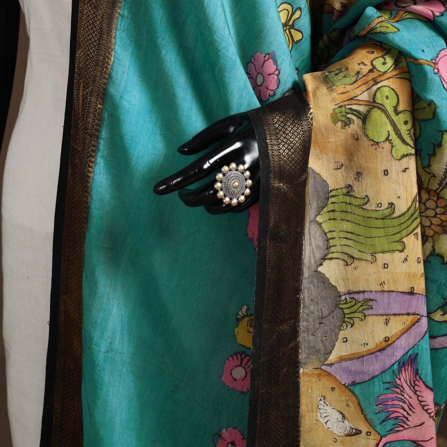 Srikalahasti Pen Work Kalamkari Bangalore Silk Figure Handpainted Dupatta 80