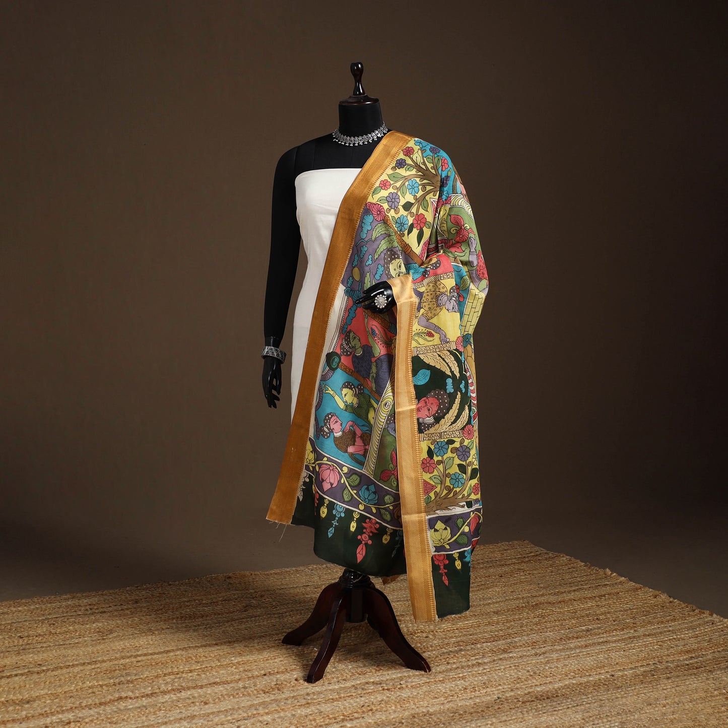 Srikalahasti Pen Work Kalamkari Bangalore Silk Figure Handpainted Dupatta 81
