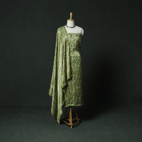 Green - Bagru Vanaspati Block Print Modal Silk Lace Handwork 2pc Unstitched Dress Material Kurta Set 01