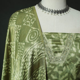 Green - Bagru Vanaspati Block Print Modal Silk Lace Handwork 2pc Unstitched Dress Material Kurta Set 01