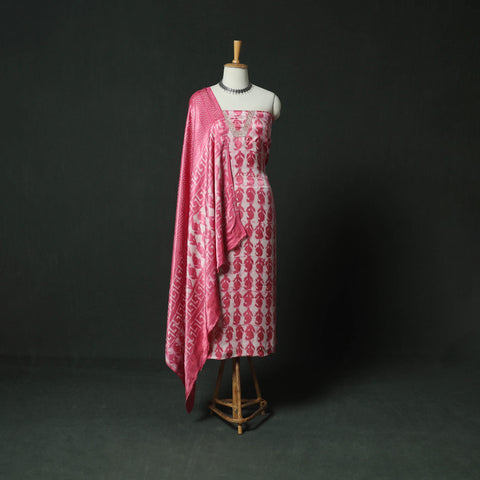 Pink - Bagru Vanaspati Block Print Modal Silk Lace Handwork 2pc Unstitched Dress Material Kurta Set 02