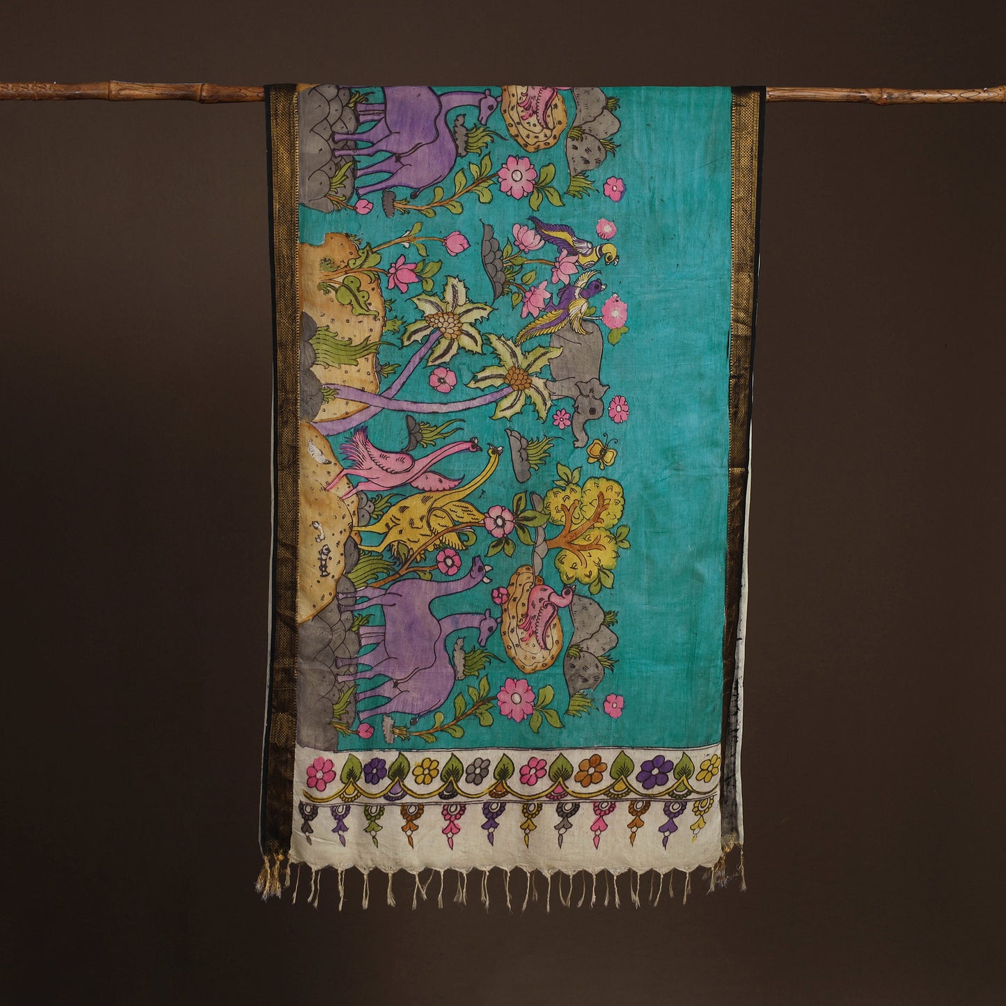 Srikalahasti Pen Work Kalamkari Bangalore Silk Figure Handpainted Dupatta 80