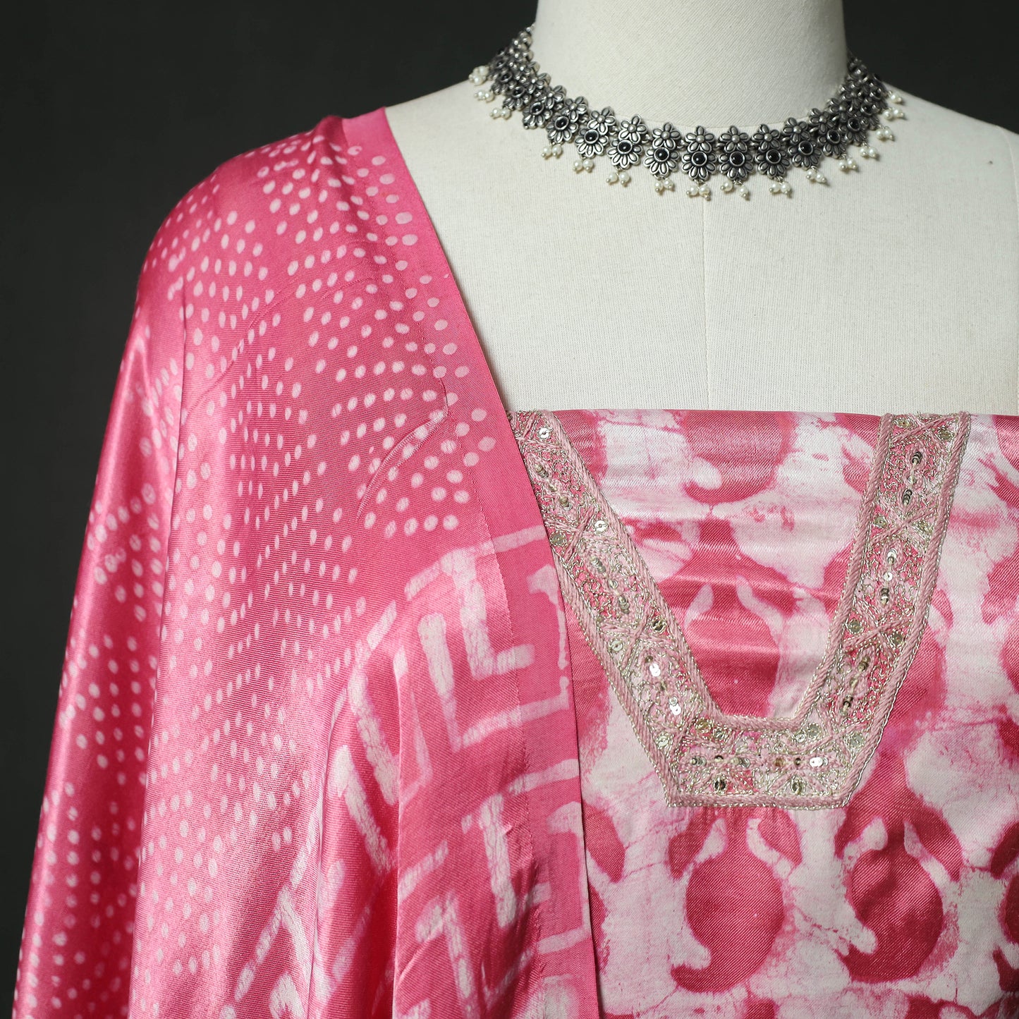 Pink - Bagru Vanaspati Block Print Modal Silk Lace Handwork 2pc Unstitched Dress Material Kurta Set 02