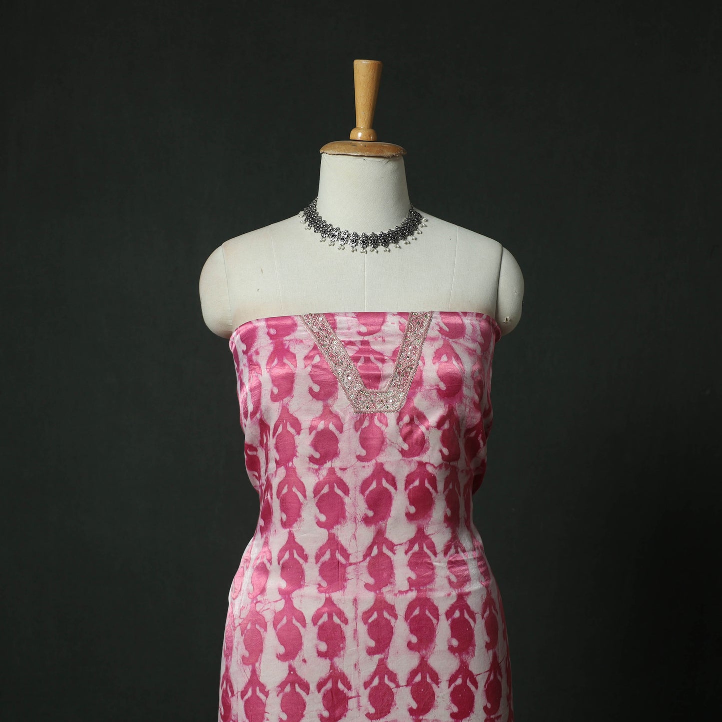 Pink - Bagru Vanaspati Block Print Modal Silk Lace Handwork 2pc Unstitched Dress Material Kurta Set 02