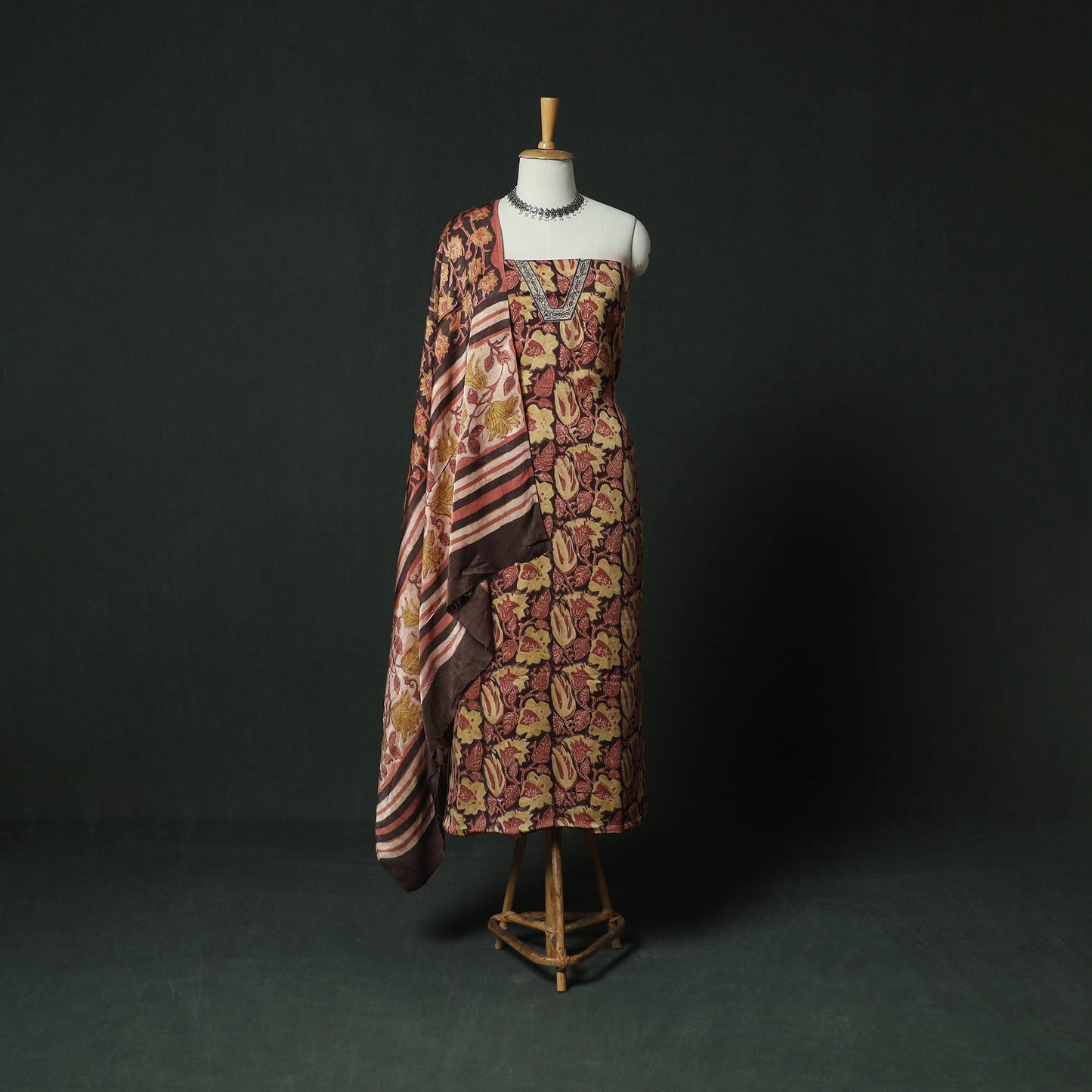 Brown - bagru Vanaspati Block Print Modal Silk Lace Handwork 2pc Unstitched Dress Material Kurta Set 03