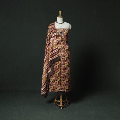 Brown - bagru Vanaspati Block Print Modal Silk Lace Handwork 2pc Unstitched Dress Material Kurta Set 03