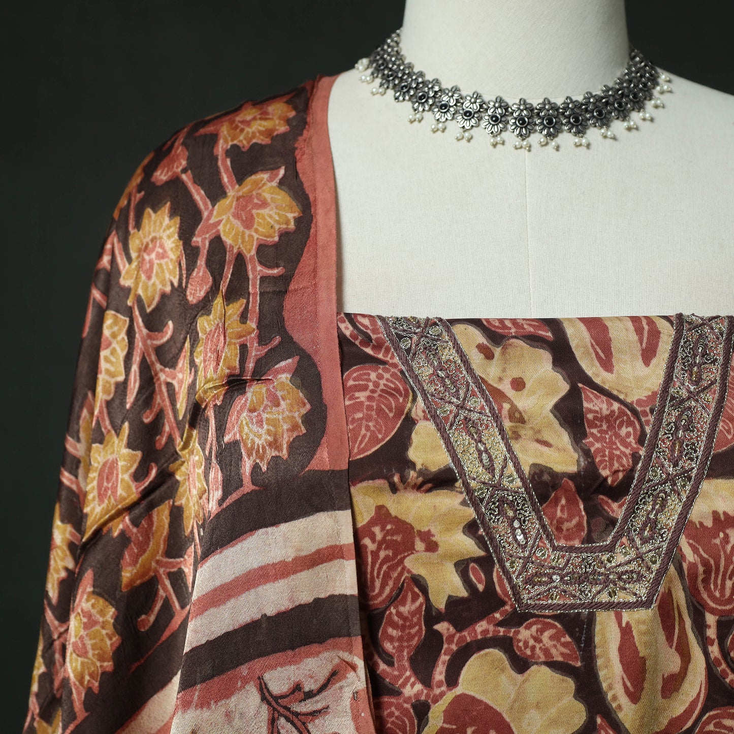 Brown - bagru Vanaspati Block Print Modal Silk Lace Handwork 2pc Unstitched Dress Material Kurta Set 03