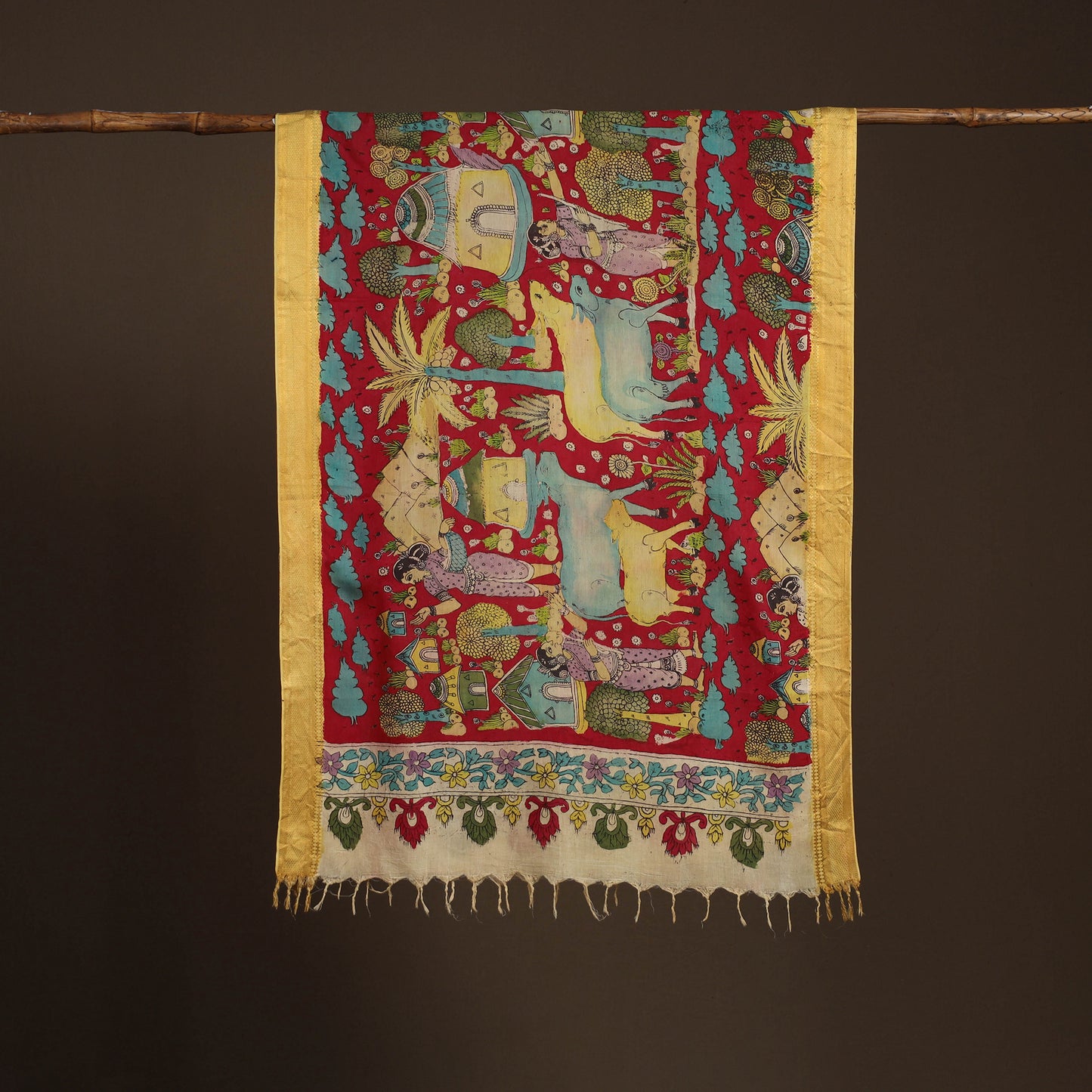 Srikalahasti Pen Work Kalamkari Bangalore Silk Figure Handpainted Dupatta 73