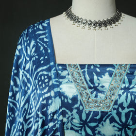 Blue - bagru Vanaspati Block Print Modal Silk Lace Handwork 2pc Unstitched Dress Material Kurta Set 04