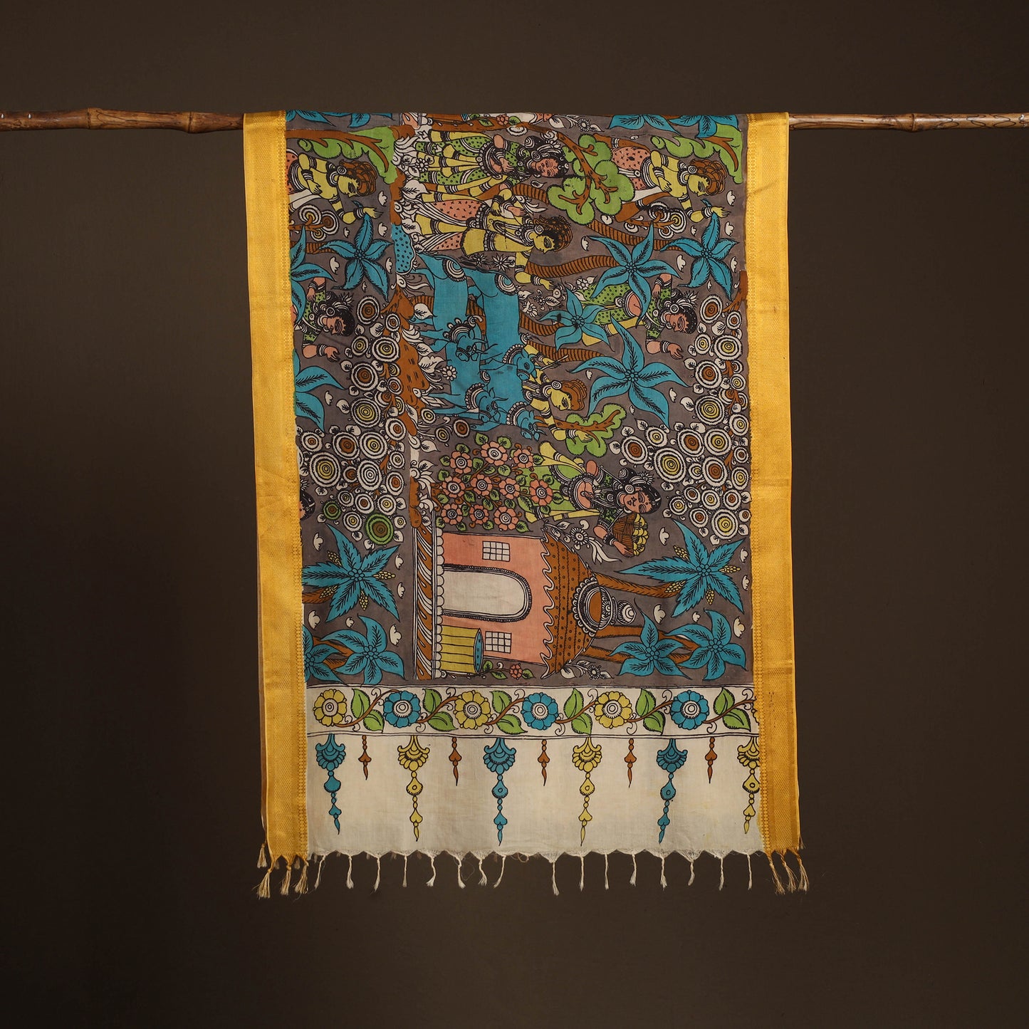 Srikalahasti Pen Work Kalamkari Bangalore Silk Figure Handpainted Dupatta 71