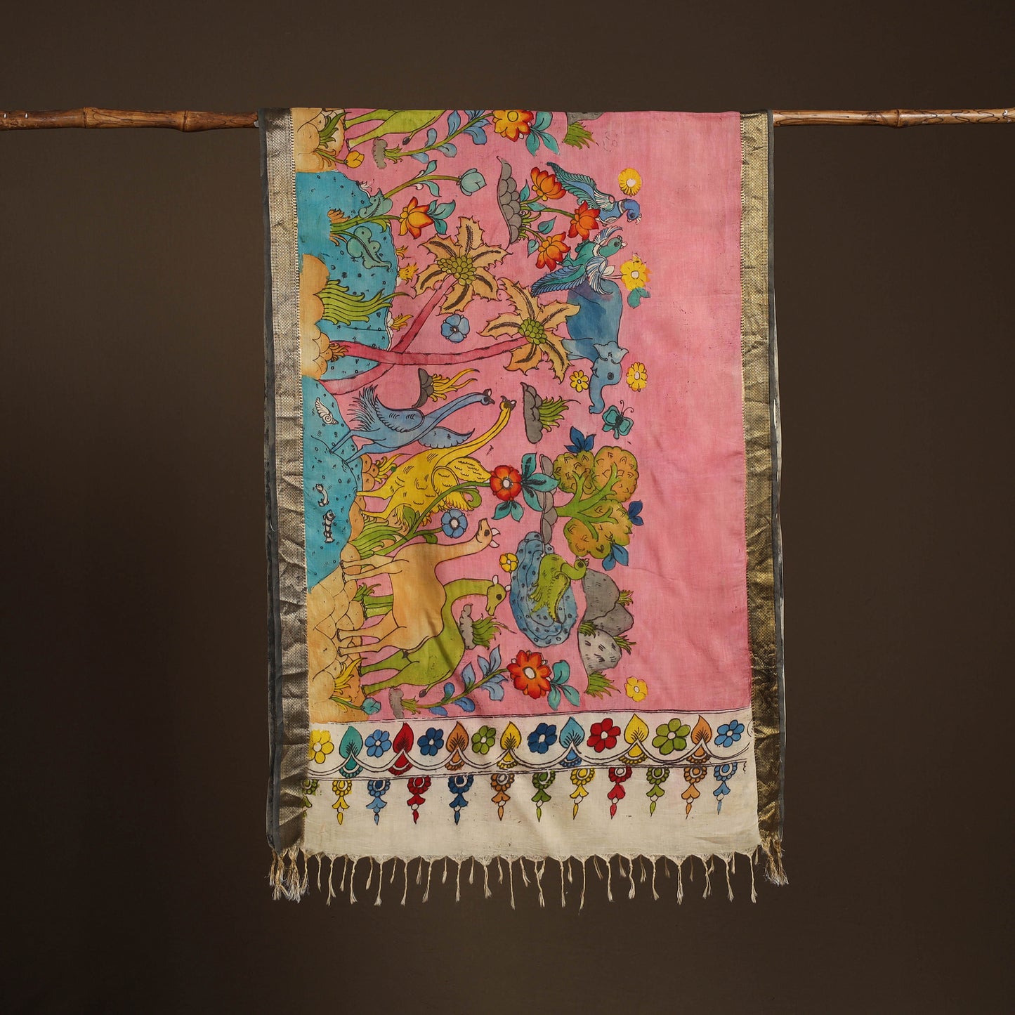 Srikalahasti Pen Work Kalamkari Bangalore Silk Figure Handpainted Dupatta 67