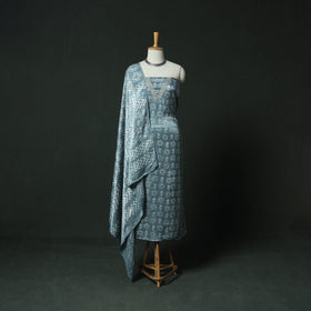 Blue - bagru Vanaspati Block Print Modal Silk Lace Handwork 2pc Unstitched Dress Material Kurta Set 06