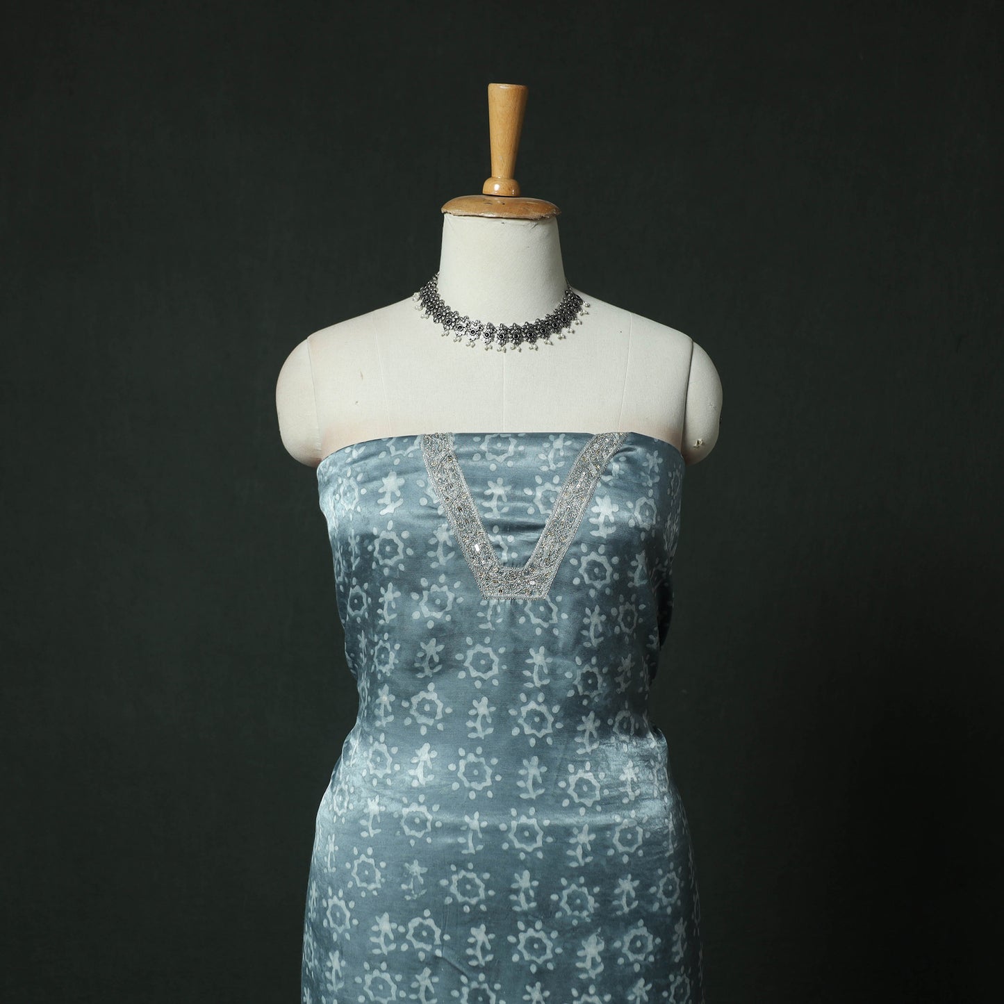 Blue - bagru Vanaspati Block Print Modal Silk Lace Handwork 2pc Unstitched Dress Material Kurta Set 06