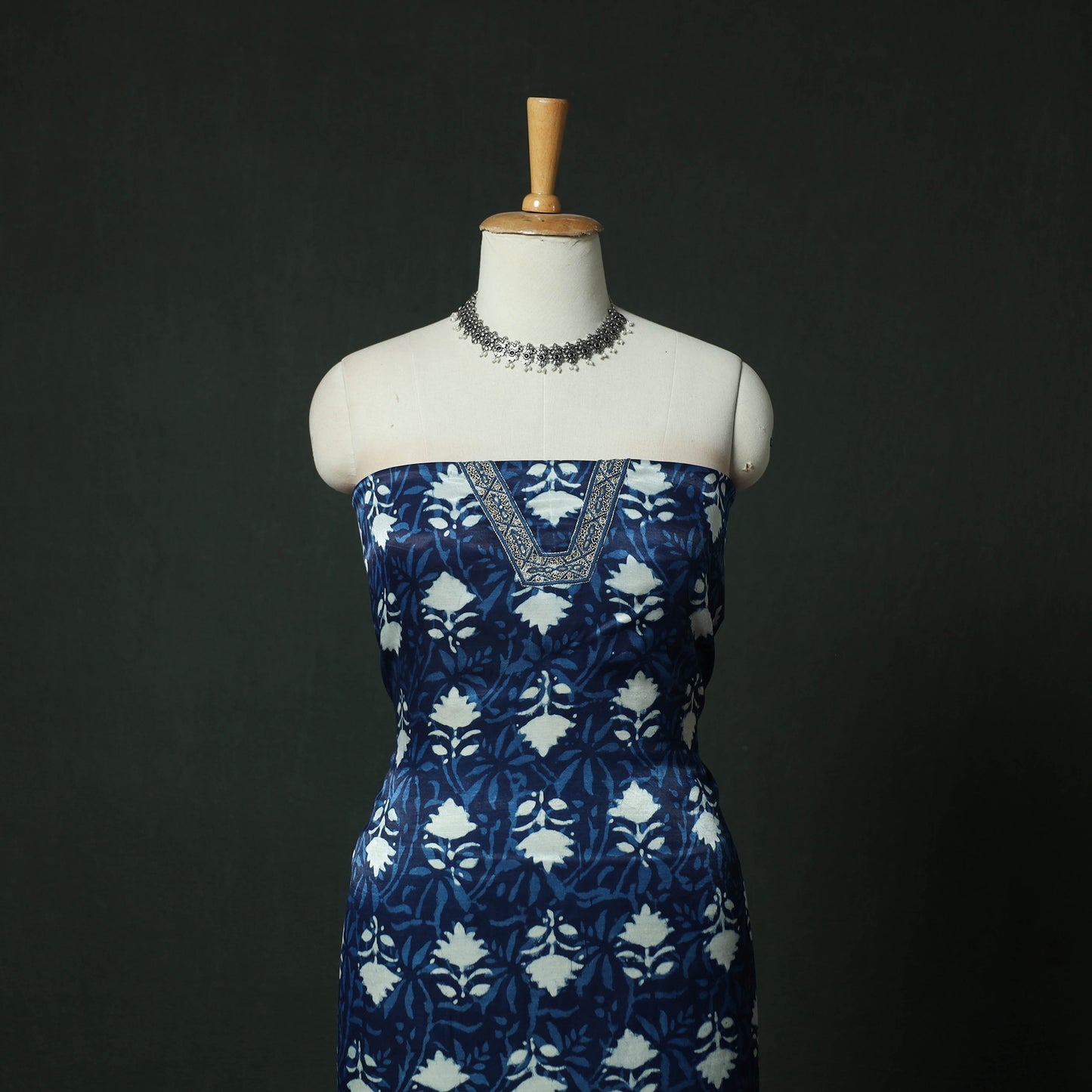 Blue - bagru Vanaspati Block Print Modal Silk Lace Handwork 2pc Unstitched Dress Material Kurta Set 07