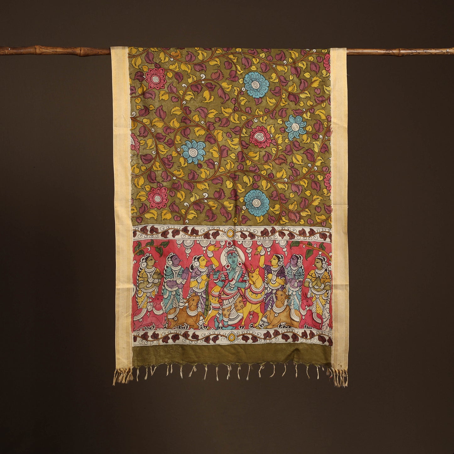 Srikalahasti Pen Work Kalamkari Bangalore Silk Figure Handpainted Dupatta 50