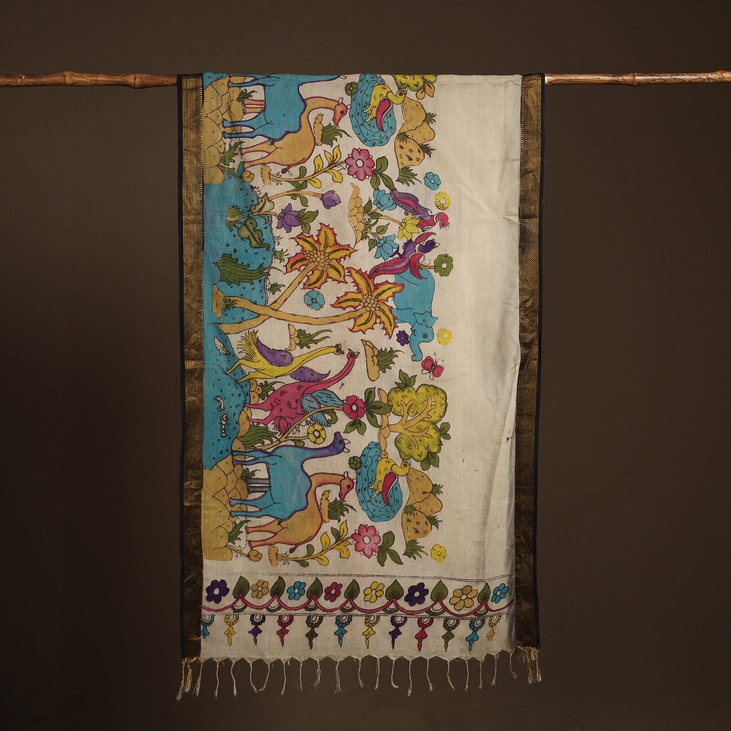 Srikalahasti Pen Work Kalamkari Bangalore Silk Figure Handpainted Dupatta 49