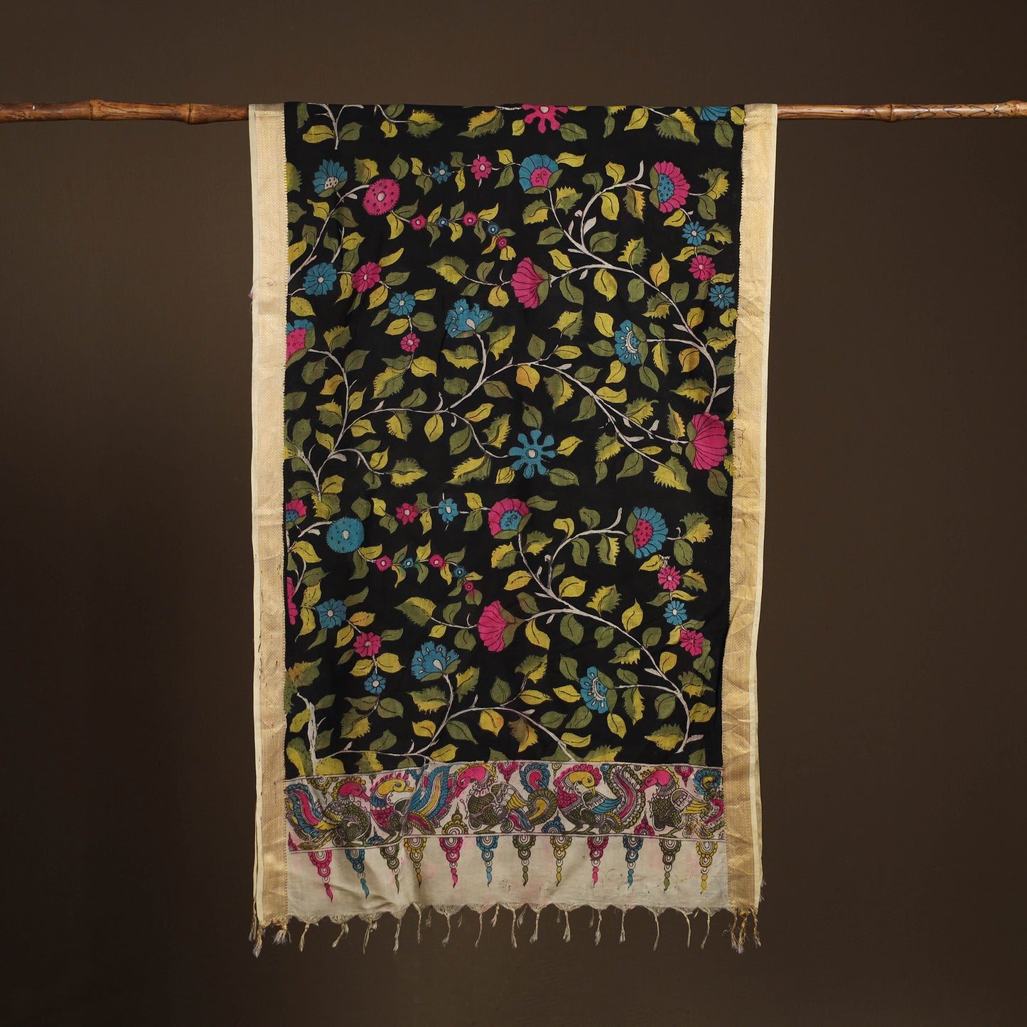 Srikalahasti Pen Work Kalamkari Bangalore Silk Floral Handpainted Dupatta 45
