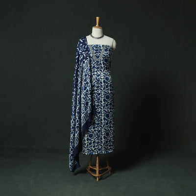 Blue - Bagru Vanaspati Block Print Modal Silk Lace Handwork 2pc Unstitched Dress Material Kurta Set 09