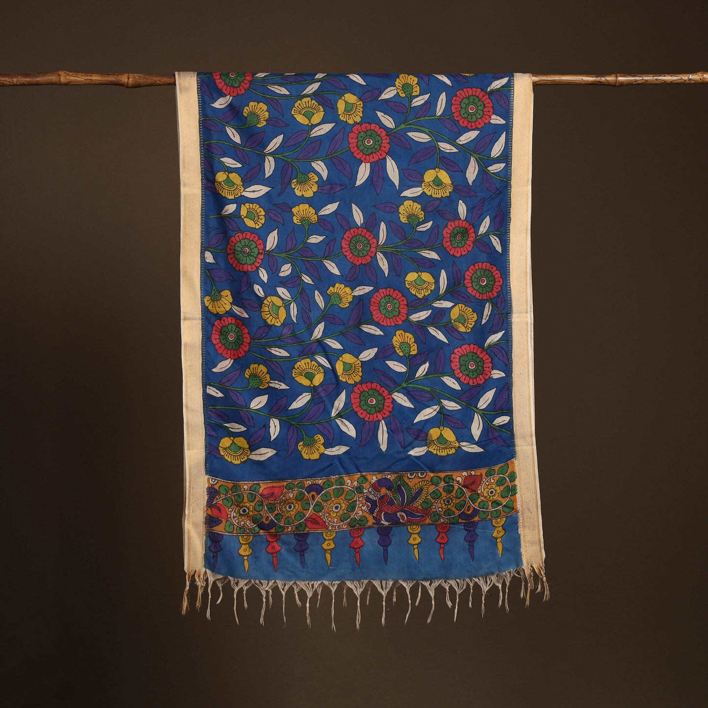 Srikalahasti Pen Work Kalamkari Bangalore Silk Floral Handpainted Dupatta 43